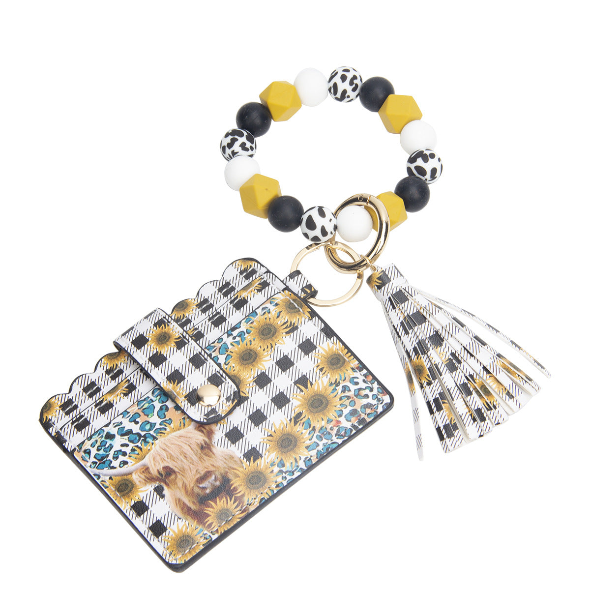 Wholesale Leopard Print Sunflower Card Holder Tassel Silicone Beaded Wrist Keychain